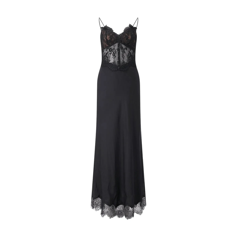 Self Portrait Maxikleid Midikleid aus Satin & Spitze schwarz
