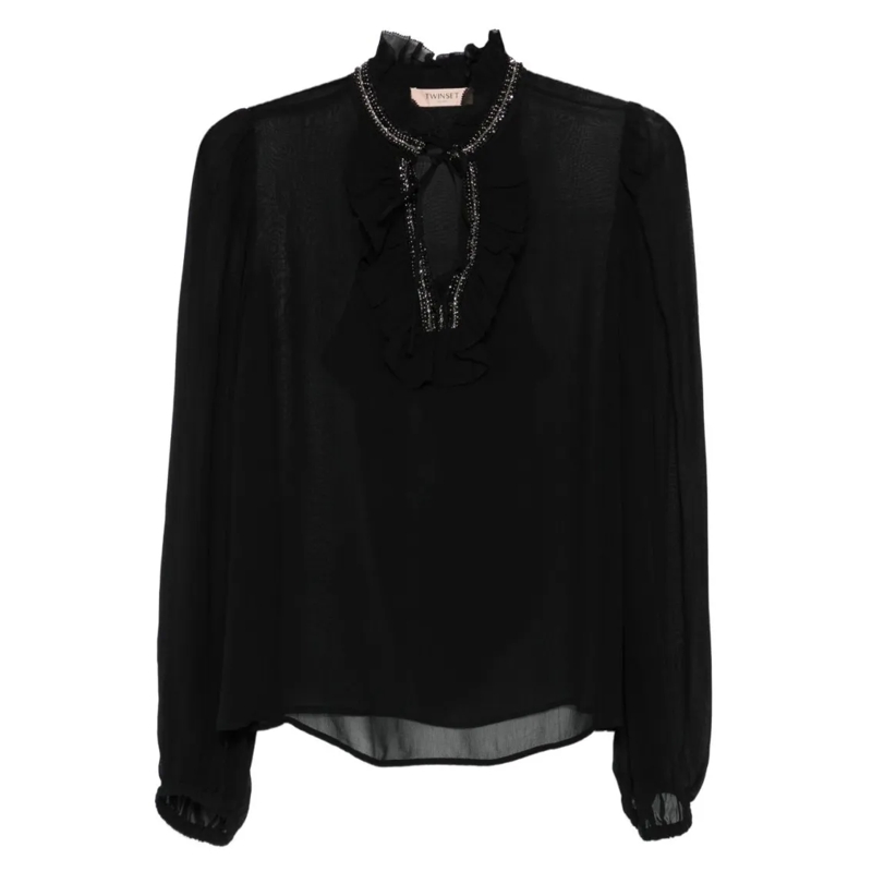 Twin-Set Chemisier Ruffled Black Blouse With Bead Embellishments Black