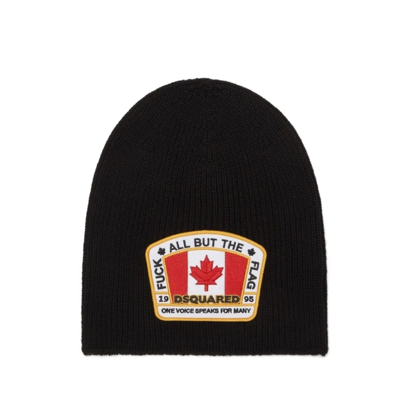 Dsquared2 Hoed Knit Beanie With Rectangular Logo Patch Black