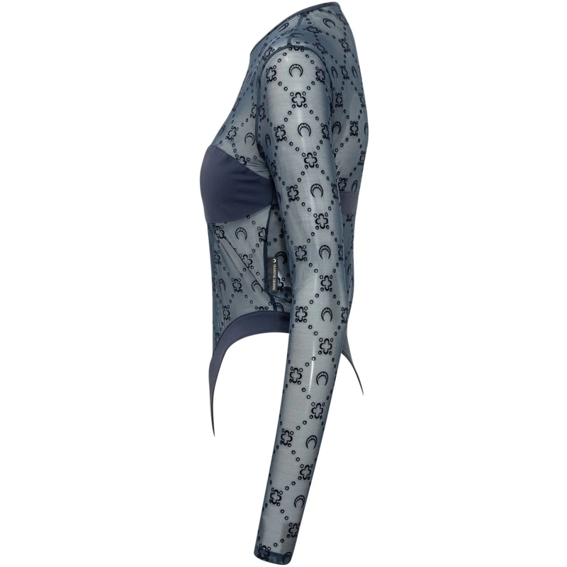 Marine Serre Combinaison Body a Maniche Lunghe in Tulle Ricamato blau(Image 3)