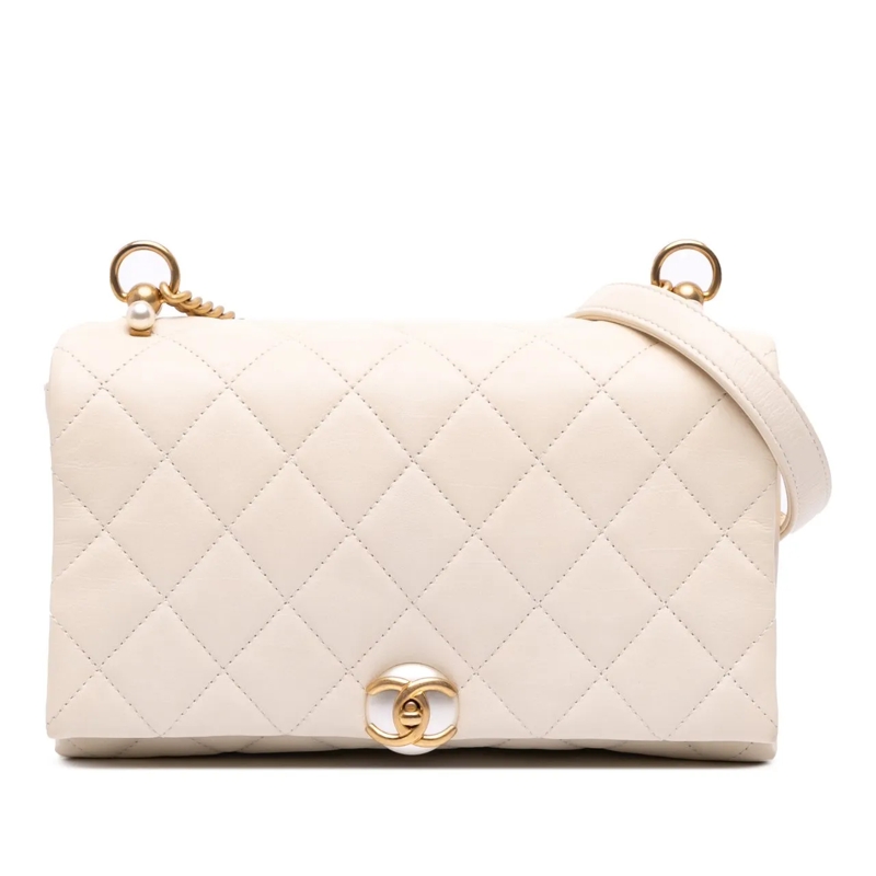 Chanel Sac à bandoulière Quilted Calfskin Pearl CC Accordion Flap weiß