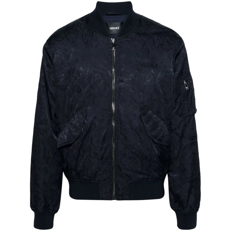 Versace Bomberjacke Navy Blue Cotton Abstract Pattern Jacket Black