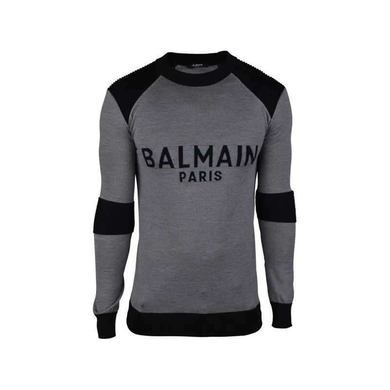 Balmain Trui Fitted Grey Wool Sweater With Logo Grey