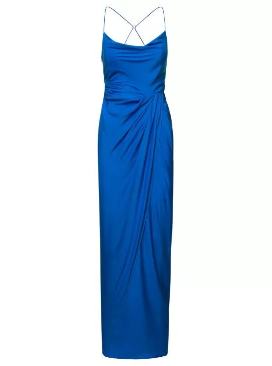 Gauge81 Shiroi' Long Blue Dress With Draped Neckline And S Blue