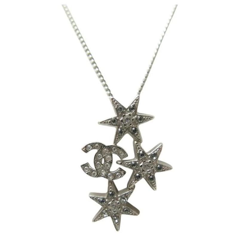 Chanel Mittellange Halskette NEUE CHANEL KETTE STERN & CC LOGO 60 CM SILBERMETA silber