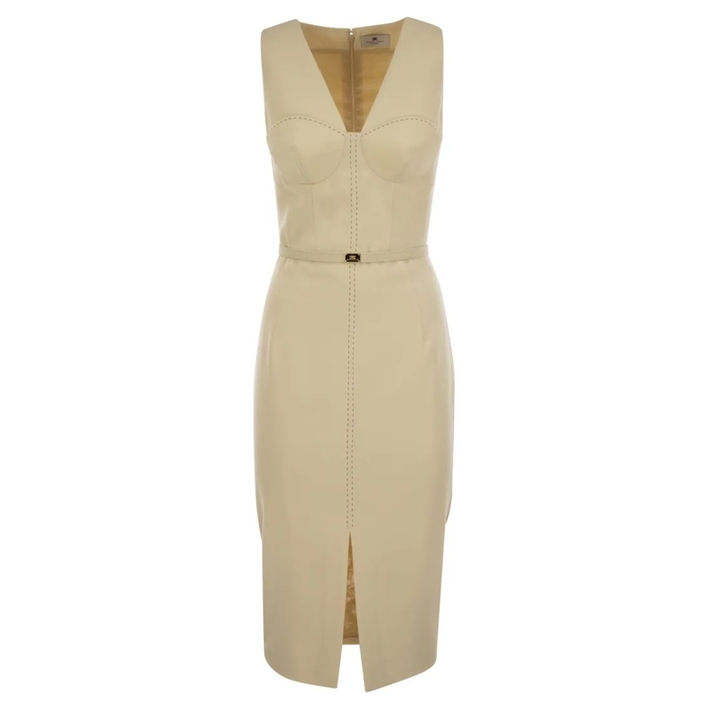 Elisabetta Franchi Robe midi Crepe Bustier Dress With Contrasting Topstitching Neutrals