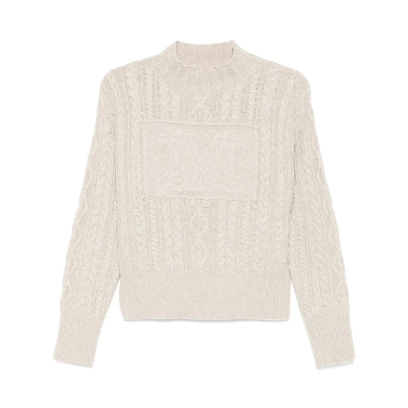Max Mara Rollkragenpullover Textured Cable Knit Sweater With High Neckline And Neutrals