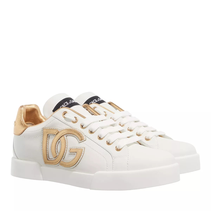 Dolce Gabbana Logo Plaque Lace Up Sneakers White Gold Low Top