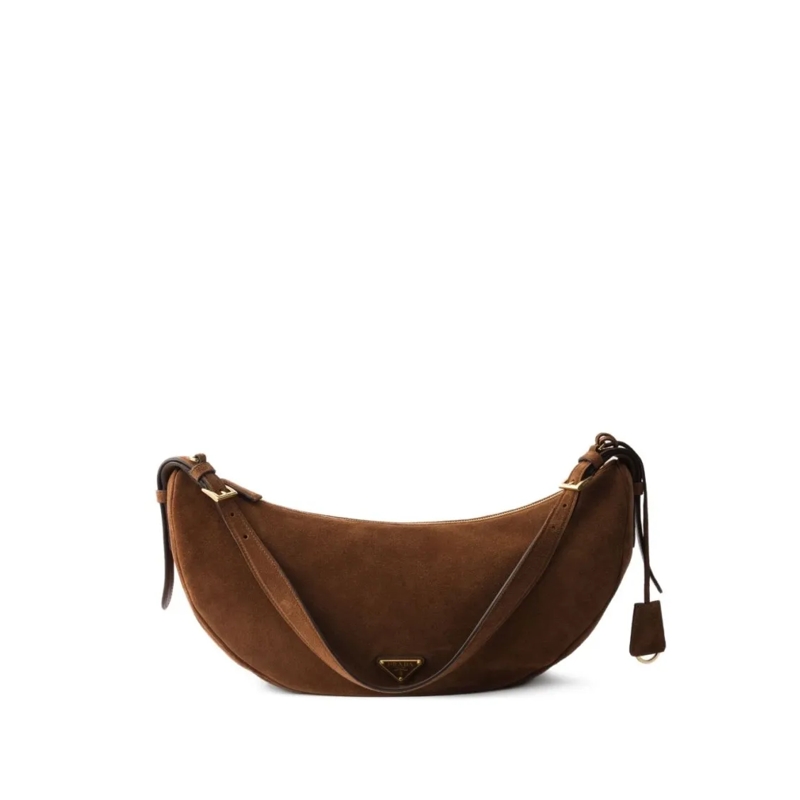 Prada Sac à bandoulière Demi-Lune Large Suede Shoulder Bag Brown
