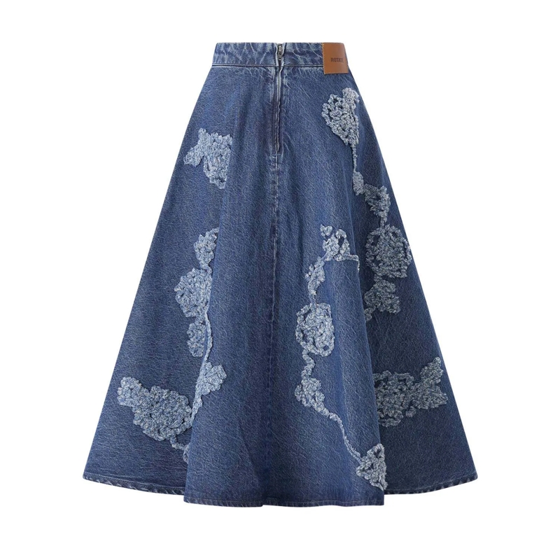Rotate Maxirock Flared Blue Midi Skirt With Intricate Floral Embro Blue(Image 4)