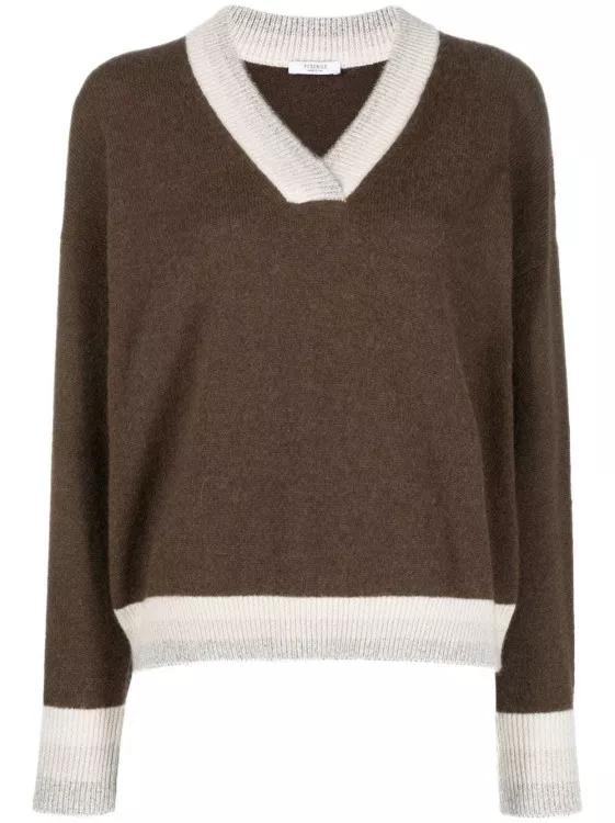 Peserico - Contrast-Trim V-Neck Knitwear Jumper - Größe 44 - brown