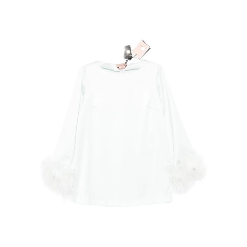 Twin-Set Blouse Light Blue Long-Sleeved Blouse With Feather Trim D White