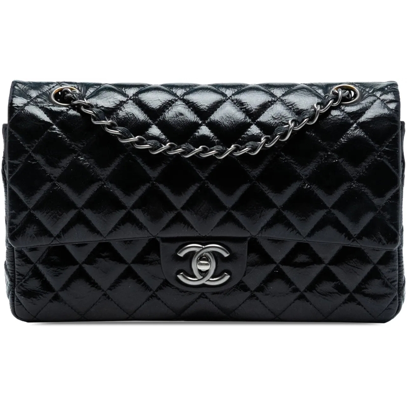 Chanel Sac à bandoulière Medium Classic Crinkled Patent Double Flap blau