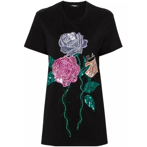 Balmain Black Rose-Appliqué T-Shirt Black 