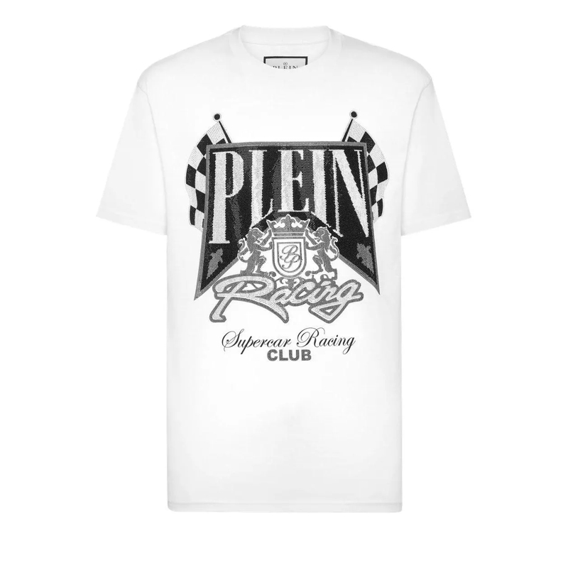 Philipp Plein T-Shirt T-Shirt Racing Mit Schmucksteinen weiss