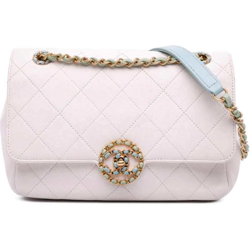 Chanel Sac à bandoulière CC Quilted Calfskin Single Flap weiß