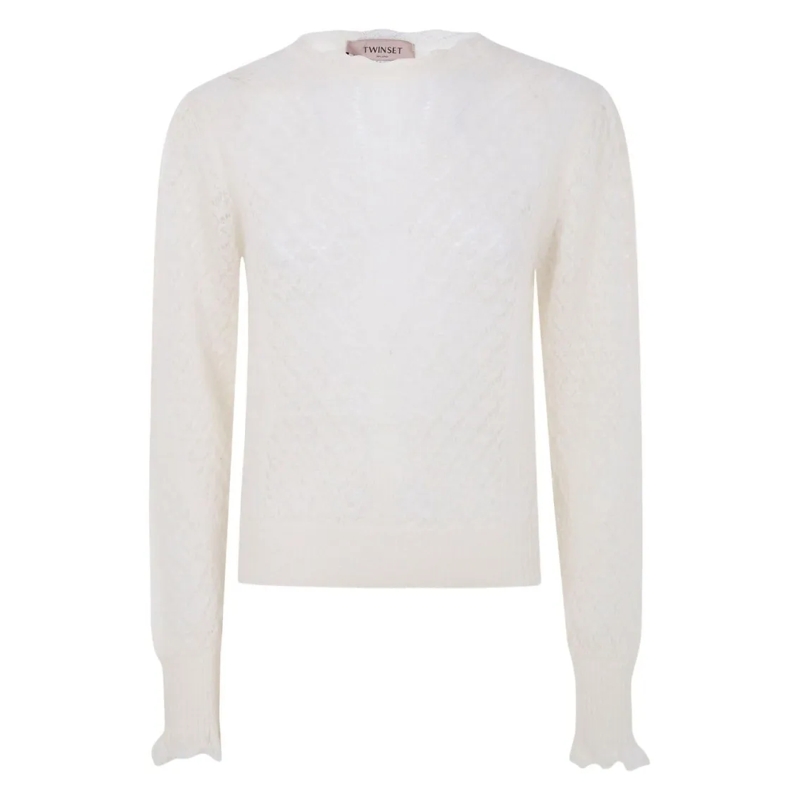 Twin-Set Pull Textured Knit Sweater With Ruffled Cuffs White