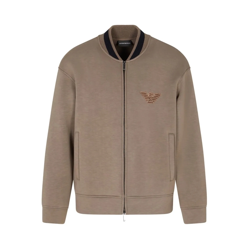 Emporio Armani  Beige Modal Zip-Up Sweatshirt With Bomber Collar Brown