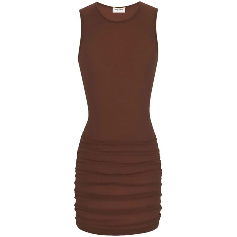 Saint Laurent Mini-jurk Gathered Side Dress In Rich Brown Polyamide Brown