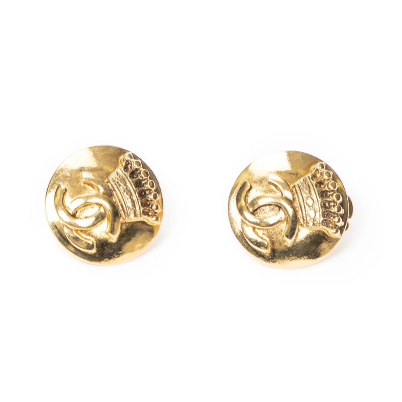 Chanel Ear Clips CC Crown Round Clip On Earrings gold