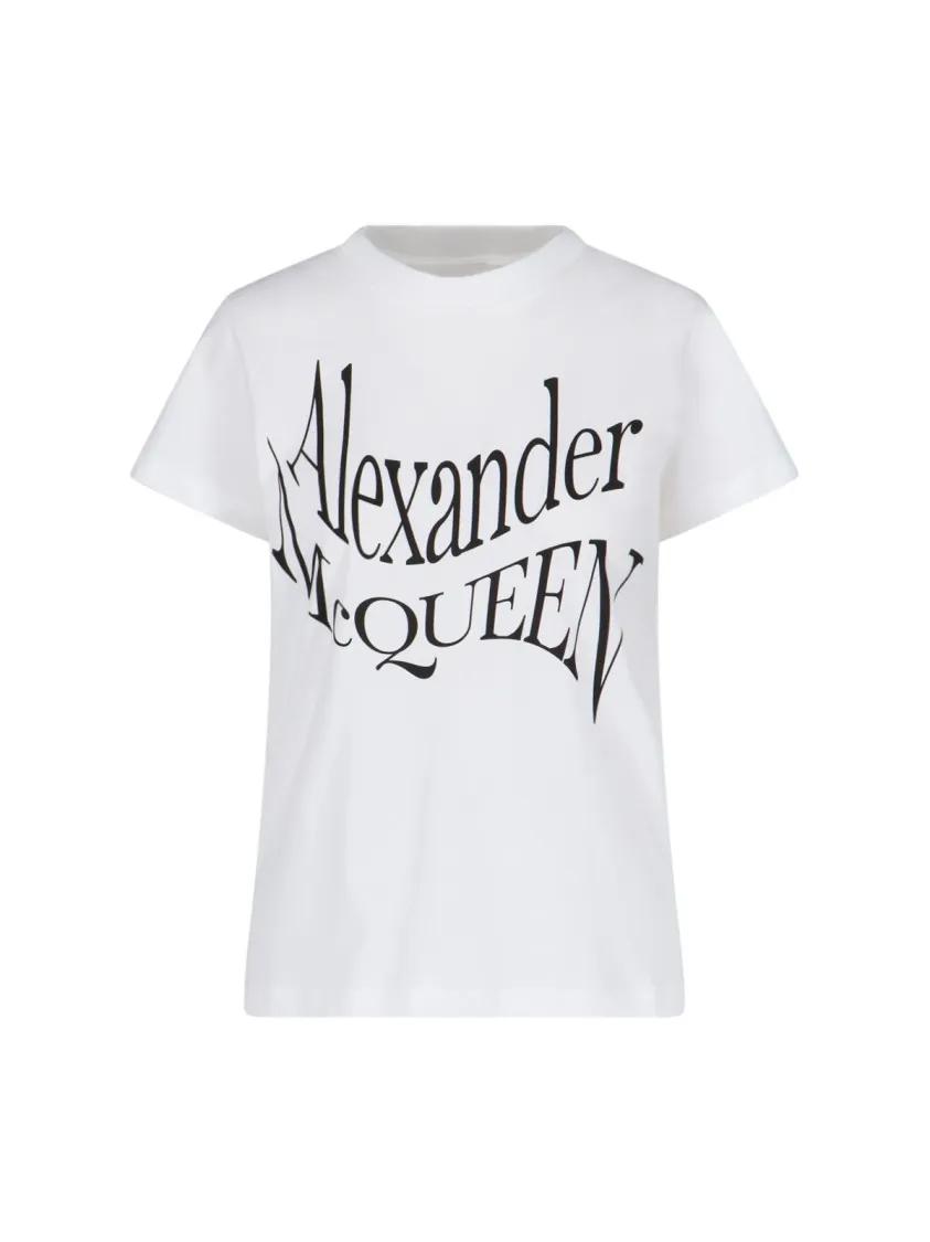 Thumbnail - Alexander McQueen - White Cotton T-Shirt With Bold Black Logo Print - Größe 38 - weiß