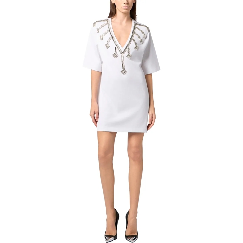 Philipp Plein Midikleid V-Neck T-Shirt Dress Crystal Fringes weiss(Image 4)