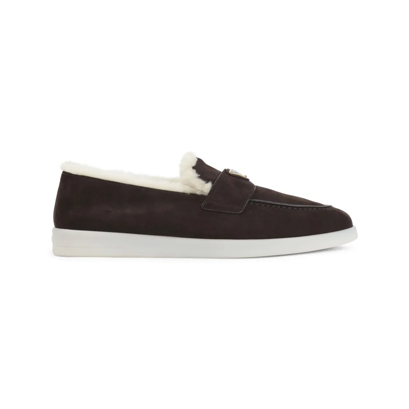 Prada Mocassin Brown Suede Loafers With Shearling Lining And Mini Black