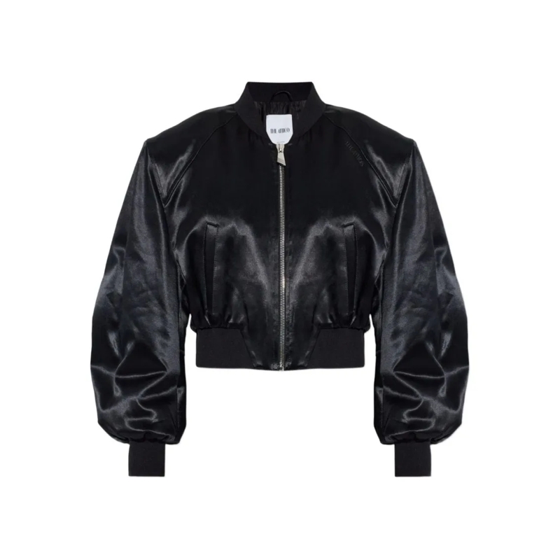 The Attico Overgangsjas Cropped Black Jacket With Shiny Satin Finish Black