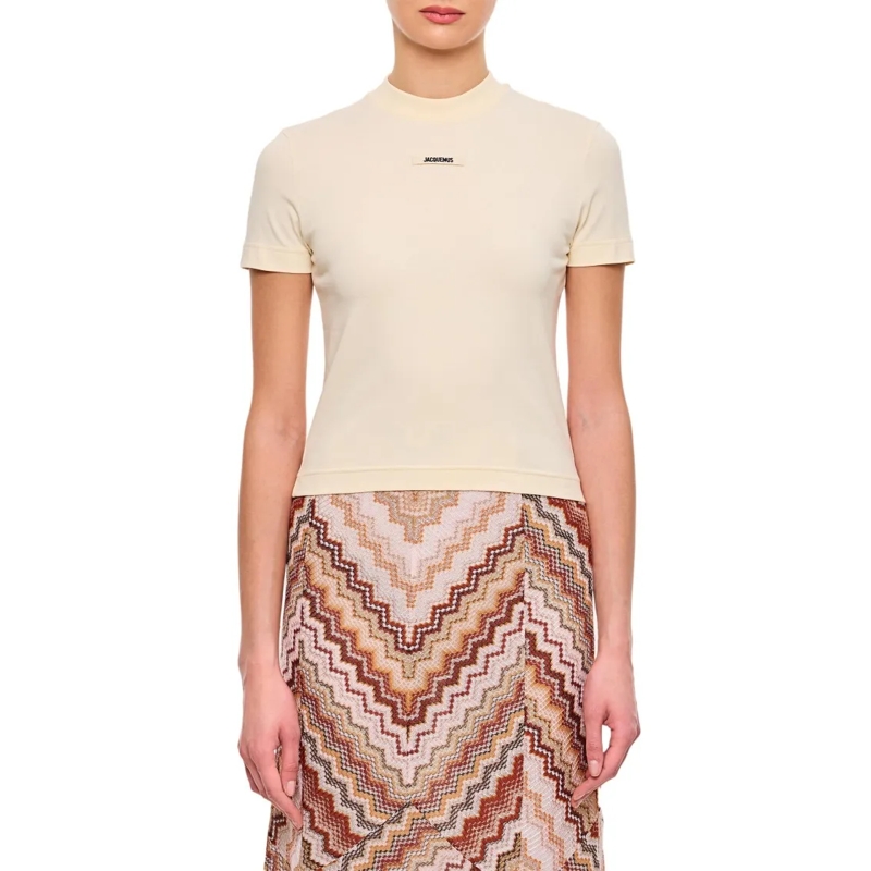 Jacquemus T-shirt Fitted Round Neck T-Shirt With Logo Label In Beige Neutrals