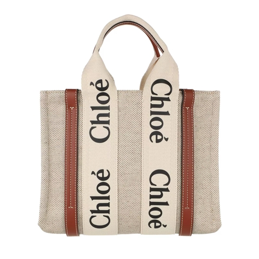 Chloé Small Woody Shopper Canvas White Brown Tote