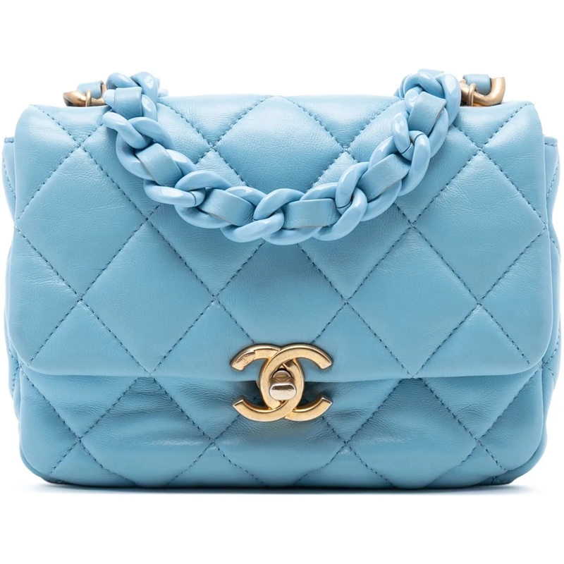 Chanel Schultertasche Mini Quilted Lambskin Lacquered Chain Flap blau