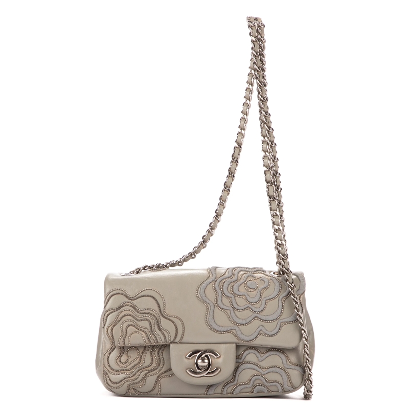 Chanel Crossbody Bag Timeless Flowers Embroidered Mini light grey washed