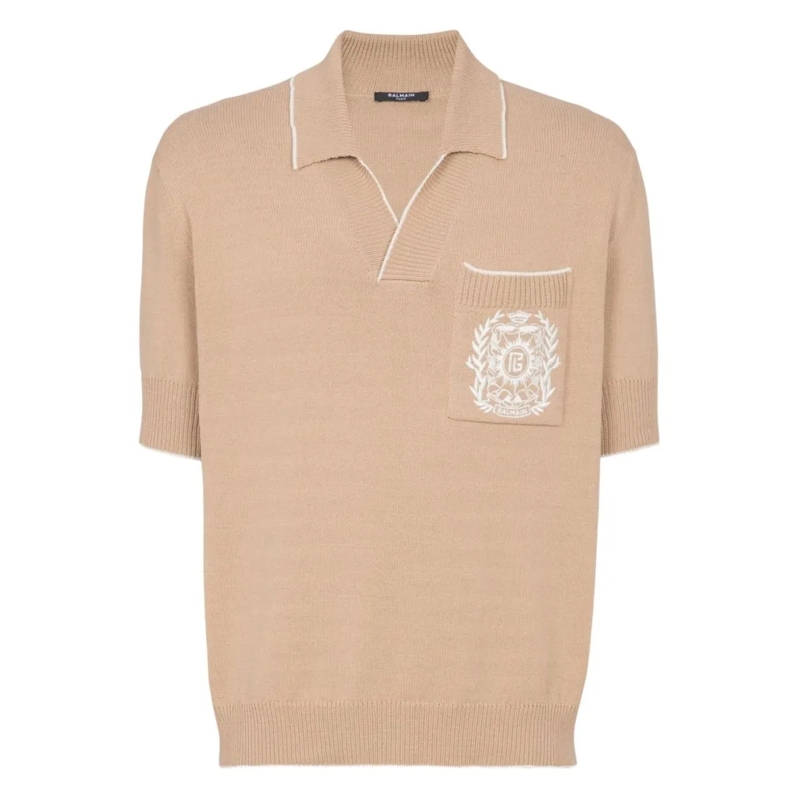 Balmain Polohemd Embroidered Logo V-Neck Beige Knit Polo Shirt Neutrals