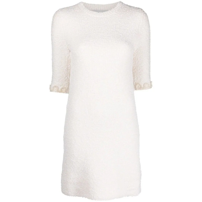 Lanvin Minikleid Floral-Embroidered Knitted Tweed Dress White
