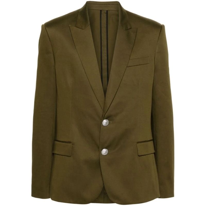 Balmain Blazer Peak Lapel Olive Green Cotton Gabardine Blazer Black