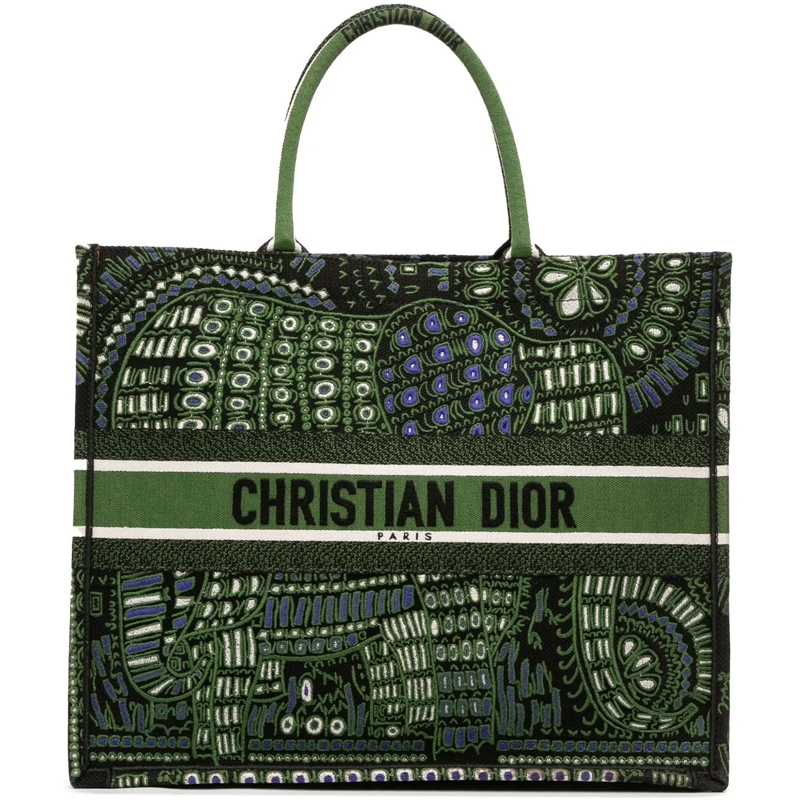 Christian Dior Shopper Large Canvas Embroidered Elephant Book Tote grün