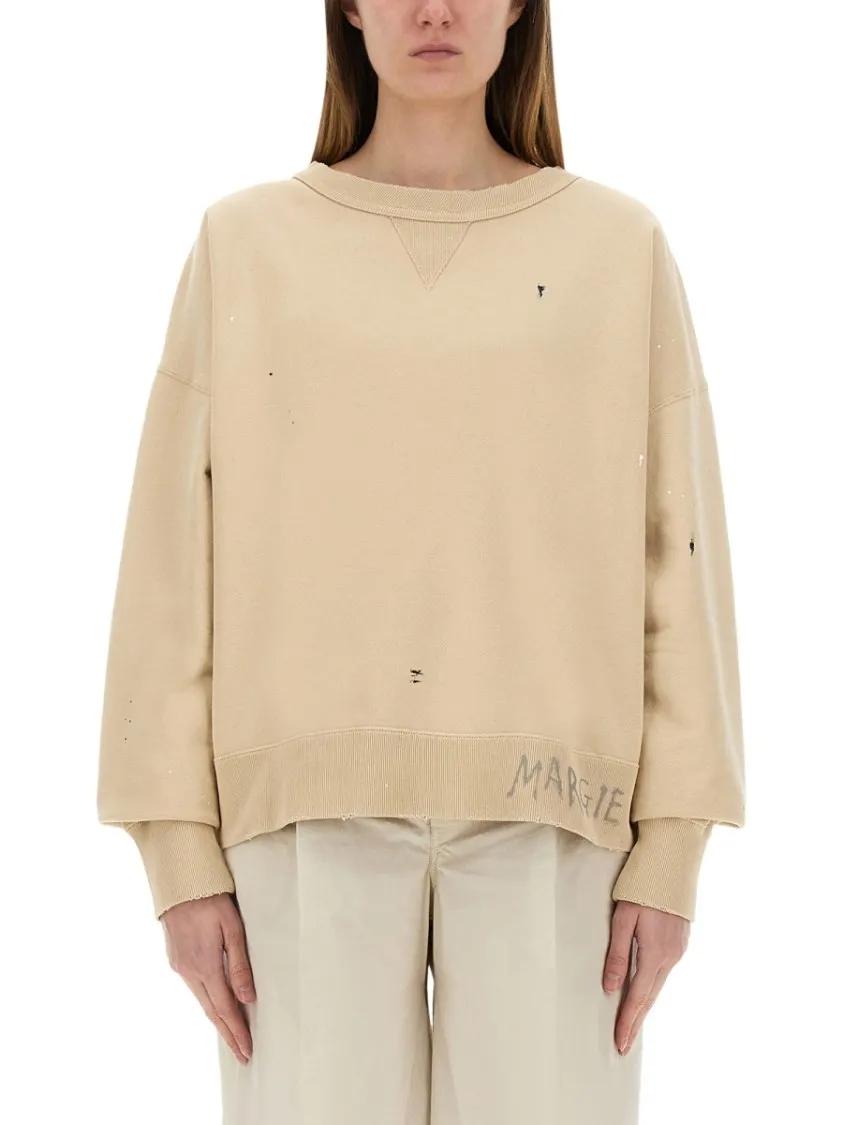 Thumbnail - Maison Margiela - Cropped Cotton Sweatshirt With Handwritten Logo - Größe XS - beige