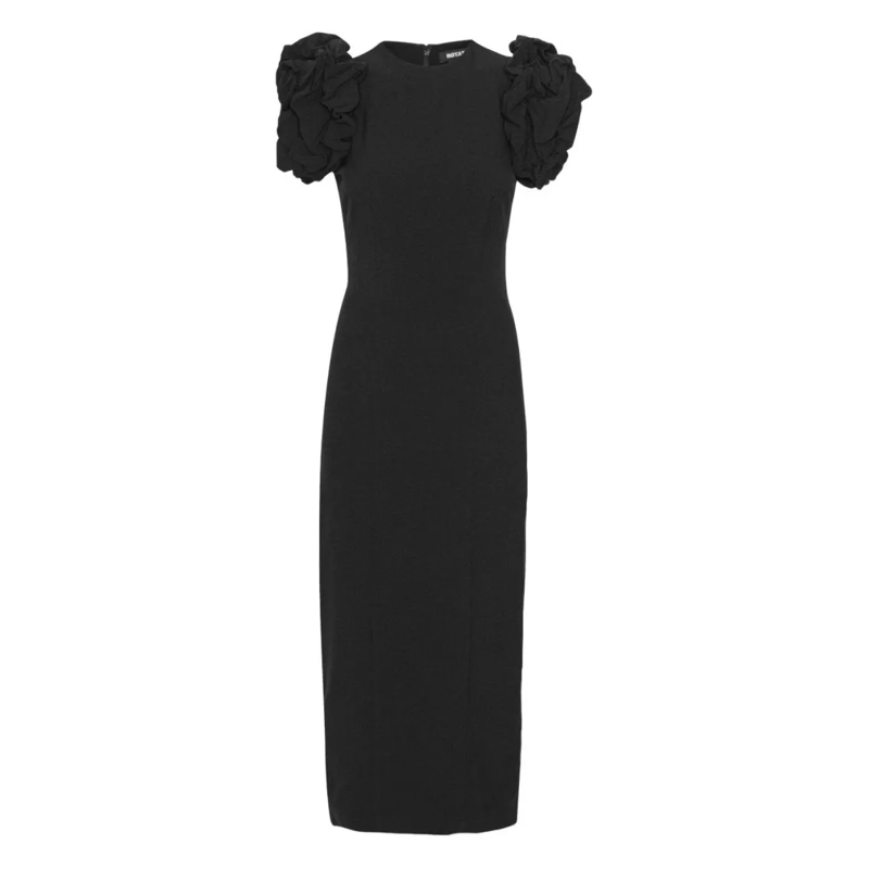 Rotate Midi-jurk Fitted Midi Dress With Voluminous Ruffled Sleeves Black