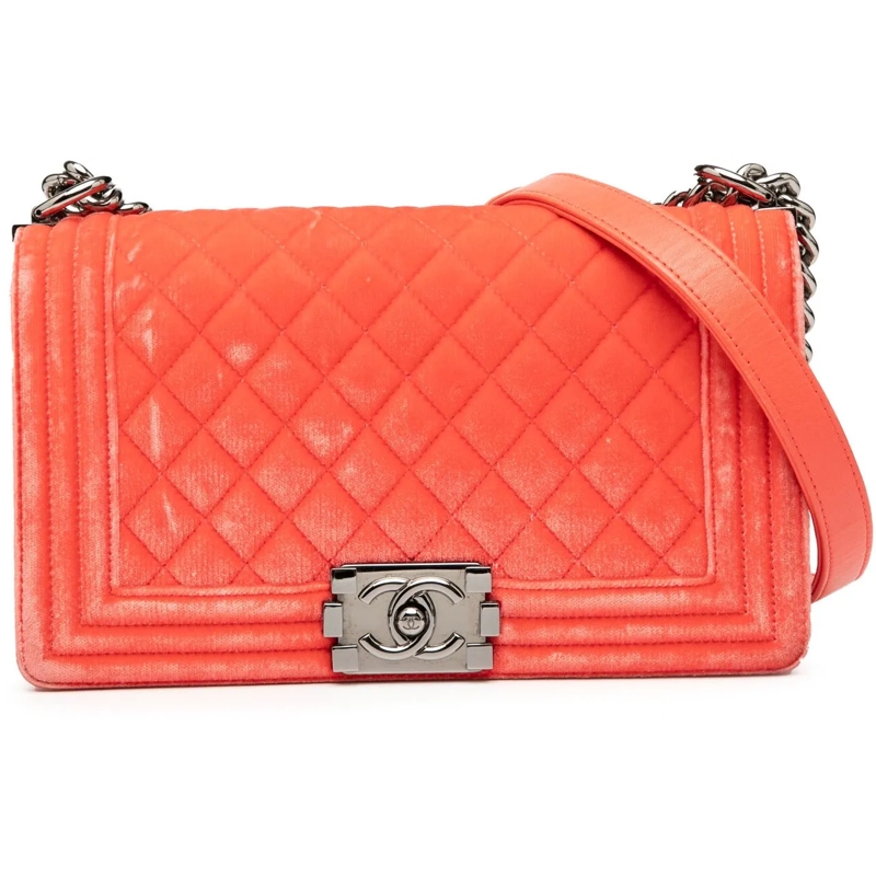 Chanel Schultertasche Old Medium Quilted Velvet Boy Flap orange