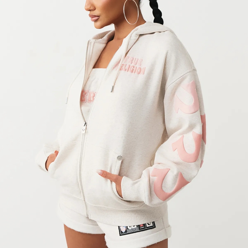 True Religion Blouson - Zip-Hoodie- Lockere Passform- Puff-Print- Übe graubeige(Image 3)