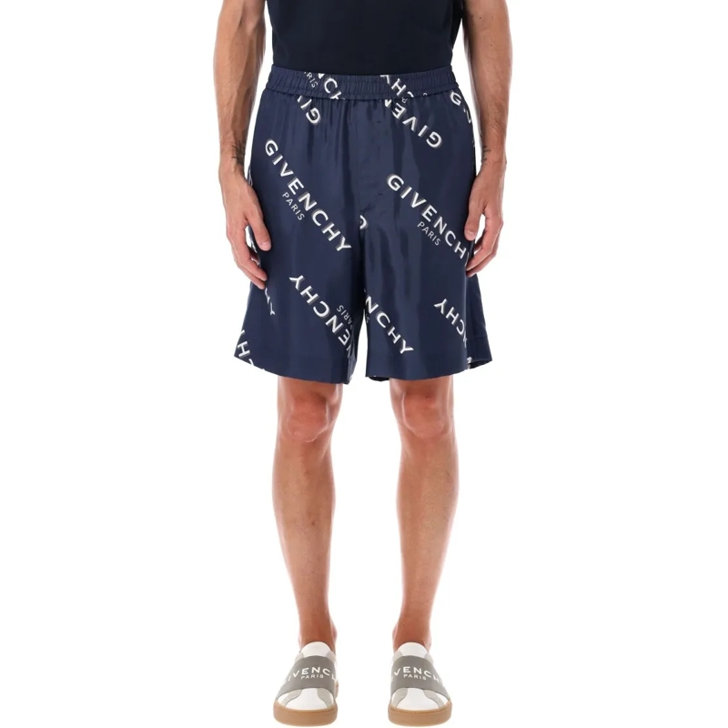 Givenchy Casual Shorts Navy Silk Bermuda Shorts With All-Over Print Grey