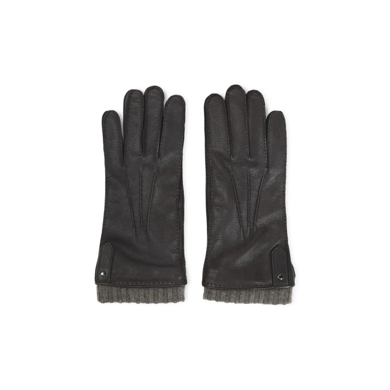 Canali Gants Textured Black Deer Leather Gloves Black