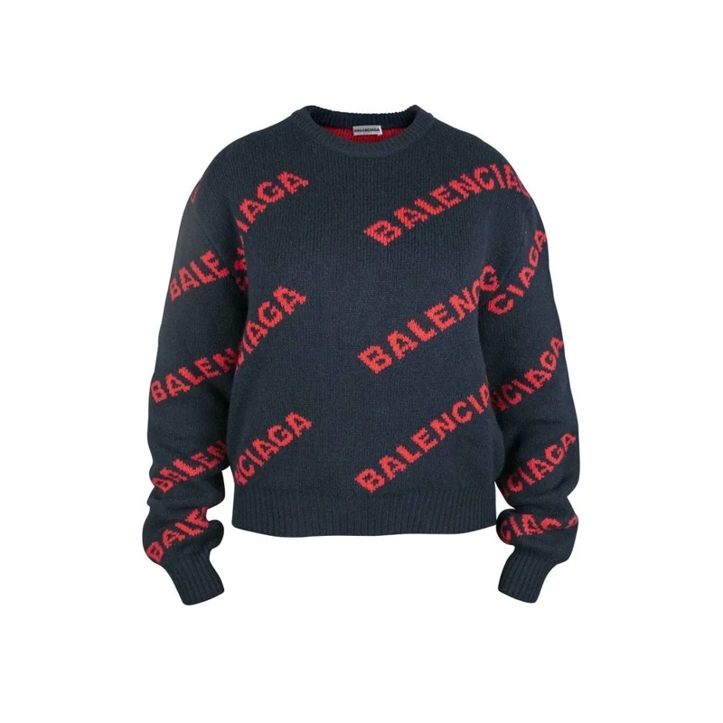 Balenciaga Trui Cropped Wool Sweater With Red Logo Print Black