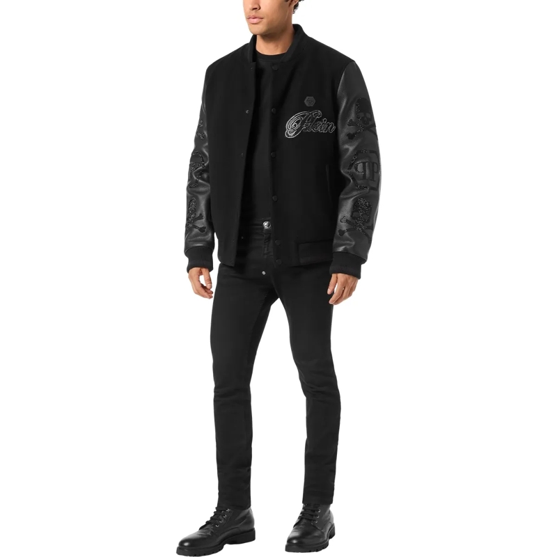 Philipp Plein Lederjacke Leather Bomber Wool &Amp Embellished schwarz(Image 4)