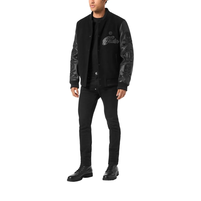 Philipp Plein Bomberjacke Leather Bomber Wool &Amp Embellished schwarz(Image 2)