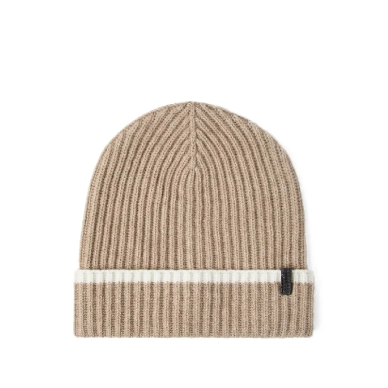 Brunello Cucinelli Hut Ribbed Beanie With Contrasting Stripe And Folded C Pink