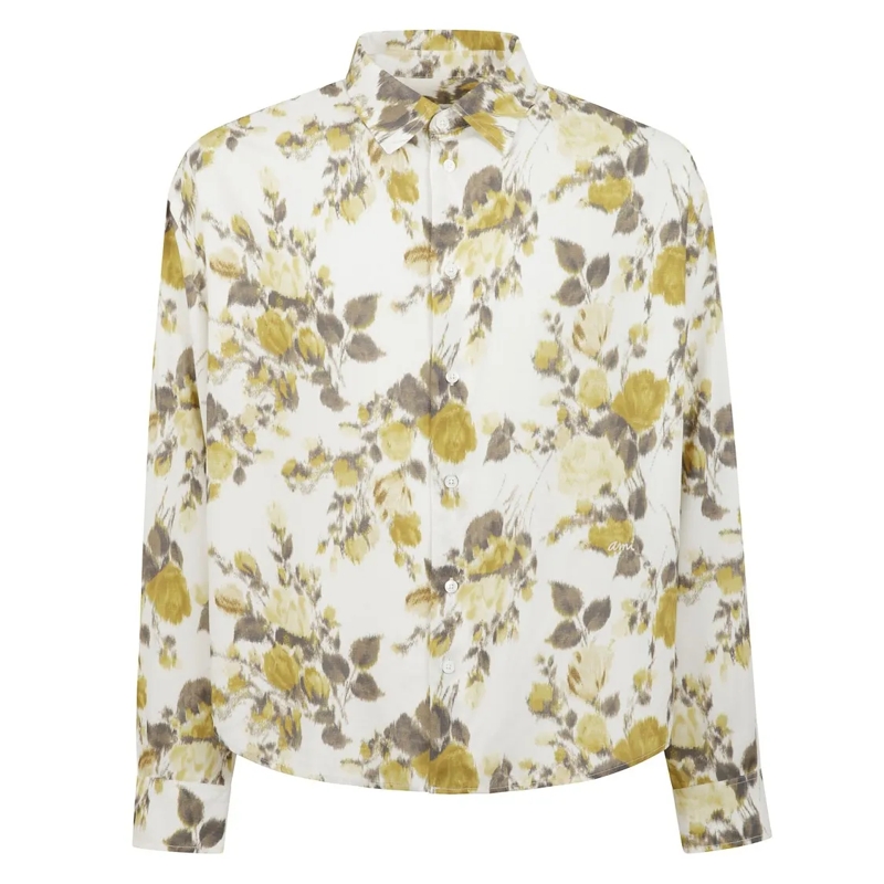 AMI Paris Hemd Floral Print Viscose Shirt White