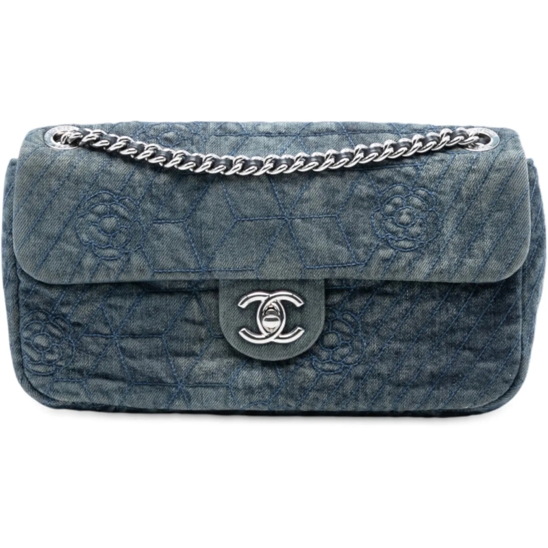 Chanel Schultertasche Medium Embroidered Denim Camellia Flap blau