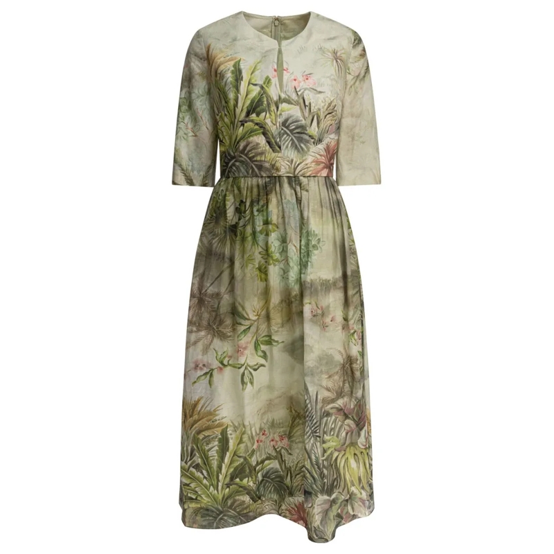 Elie Saab Midikleid Printed Linen And Silk Midi Dress Neutrals