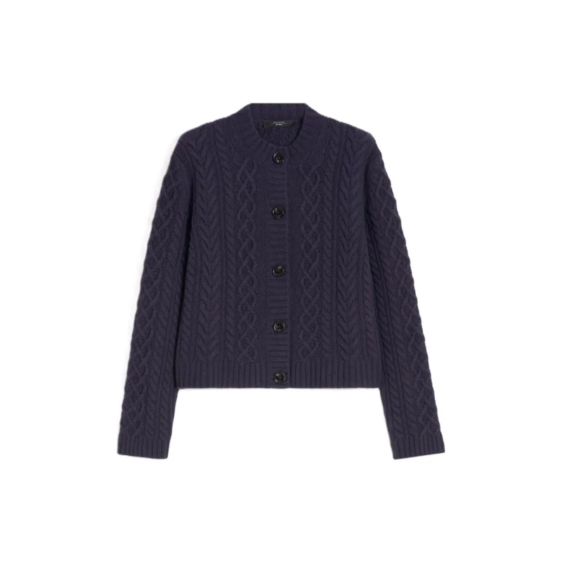 Max Mara Vest Textured Navy Blue Cardigan With Ribbed Hem Blue